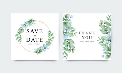 Wedding Card template with blue floral and green leaves