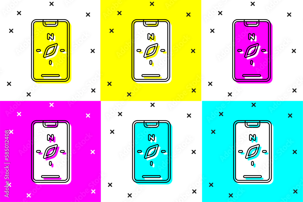 Poster set compass screen apps on smartphone for navigation icon isolated on color background. application 