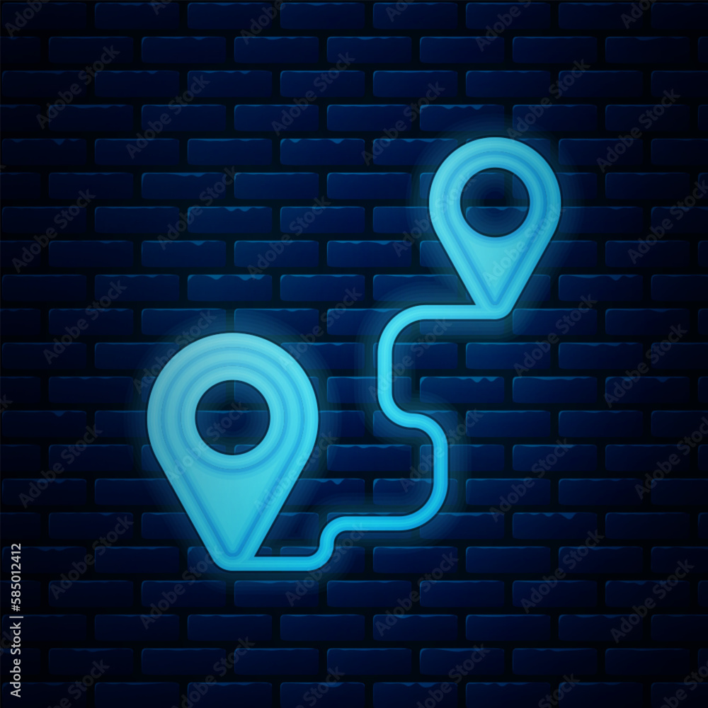 Poster glowing neon route location icon isolated on brick wall background. map pointer sign. concept of pat