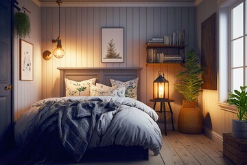 A cozy and comfortable guest room with a twin-size bed and a dresser. Generative Ai.