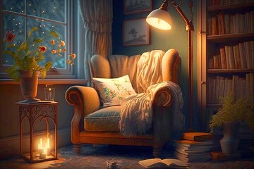 A cozy and intimate reading nook with a large window and a comfortable chair. Generative Ai.