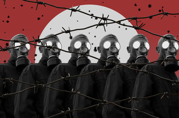 Soldiers In Gas Masks Behind Barbed Wire