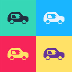 Pop art Electric car and electrical cable plug charging icon isolated on color background. Renewable eco technologies. Vector