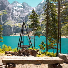 Switzerland turquoise lake,  alps mountain and barbecue aera