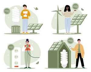 Green energy illustration set. Characters reduce energy consumption at home. Power save concept. Household energy and resources, meter installation