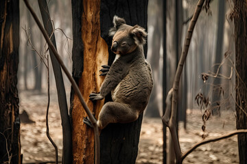 Koala clinging onto tree after fore fire, generated AI, generated, AI