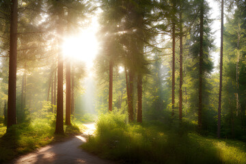 Fototapeta premium photo hyper realistic style, high detail photo of pine forest with a path, beautiful, bright lighting, soft natural, perfect light, octane rendering, sharp focus, studio photo, intricate details, high