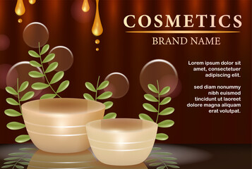 Cosmetic podium, elegant leaves and glass ornament 3d vector. Can be used for product background