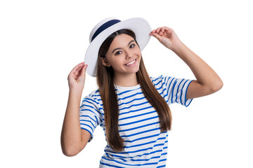 Obraz na płótnie Canvas summer stylish smiling teen girl in studio. photo of summer stylish teen girl wearing hat.