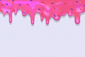 Pink dripping frosting with colorful sprinkles. Doughnut glaze. Sweet cream. Seamless pattern. 3d realistic vector