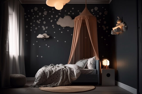 Kids bedroom in dark colors. Cozy kids room interior, scandinavian nordic design with light garlands and soft pillows, tent canopy bed. Children room in evening with lights on. AI generated image.