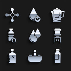 Set Water drop, Washbasin with water tap, Bottle of, cooler, Big bottle clean, jug filter and icon. Vector