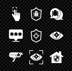 Set Fingerprint, System bug, Security camera, Eye scan, House under protection, Password and Shield icon. Vector