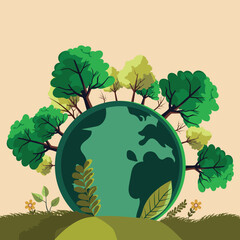 Trees Around The Earth Globe or Planet For World Environment Day Concept.