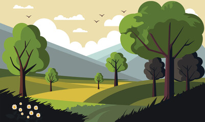 Vector Nature Landscape Background With Trees, Flying Birds.