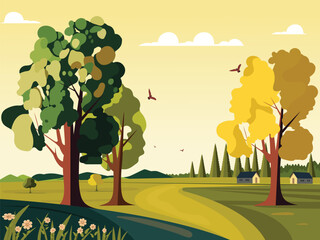 Nature Landscape Background With Trees, Flying Birds And Cottage Illustration.