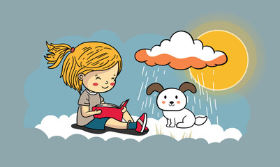 Cute Girl Reading A Book With Cartoon Dog On Sun Behind Rain Cloud Background.
