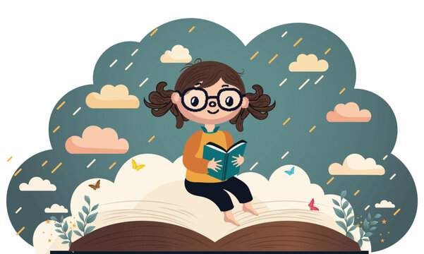 Cute Girl Character Sitting At Open Book With Butterflies, Leaves On Rain Clouds Background.