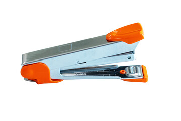 Max stapler silver, orange isolated on cut out PNG. Machine is made of steel aluminum, strong,...
