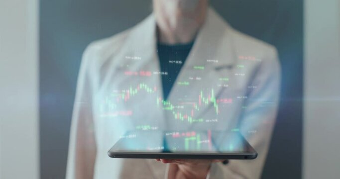 Woman hands with digital tablet pc computer and 3d hologram of futuristic finance stock exchange market chart. Bar graph with auto trading computer coding artificial intelligence technology, AI