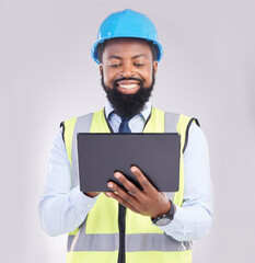 Black man, engineer and tablet in studio for construction with smile for architecture, design or building. Architect, mobile touchscreen and excited face for property, development and project on app