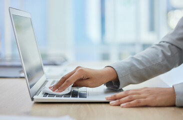 Woman hands, laptop or cleaning cloth for hygiene, wellness or bacteria protection in corporate office. Business worker, technology or wiping dust for health maintenance, safety or virus disinfection