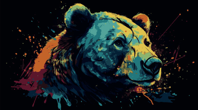 Colorful painting of bear. Vector graphic art of multicolored grizzly. Artwork poster of wildlife. Modern portrait decoration. Graffiti style  print with paint splatter. Rainbow color cartoon sketch