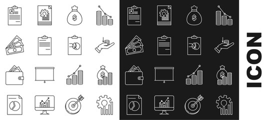 Set line Pie chart infographic, Money bag and coin, hand, Document, Stacks paper money cash, Clipboard with resume and icon. Vector