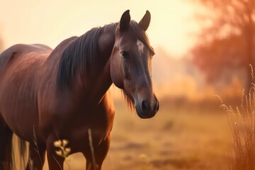 Obraz na płótnie Canvas Portrait of a beautiful brown horse outdoors. Generative AI.