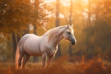 Beautiful wild white horse is walking in the forest. Generative AI.