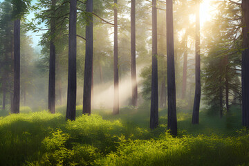 Obraz premium photo hyper realistic style, high detail photo of pine forest with a path, beautiful, bright lighting, soft natural, perfect light, octane rendering, sharp focus, studio photo, intricate details, high