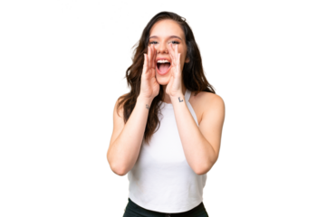 Young caucasian woman isolated over isolated background shouting and announcing something