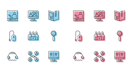 Set line Headphones, Online class, education, book monitor, Magnifying glass, Computer mouse and icon. Vector