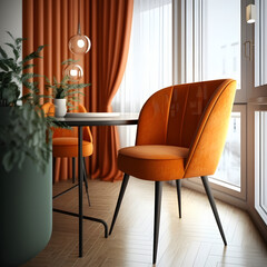 Cozy modern living room interior with orange armchair and decoration room big window in the background, Generative AI
