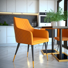 Cozy modern living room interior with orange armchair and decoration room big window in the background, Generative AI

