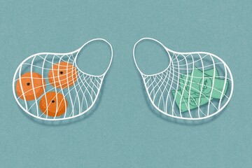 Money and oranges in string bags