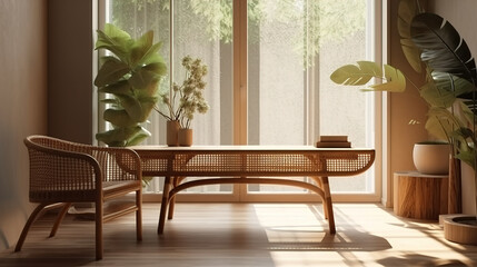 Blank wooden table counter in modern, luxury brown tropical design cafe, coffee table, rattan chair in sunlight from glass window to outdoor garden on beige wall. Interior background 3D