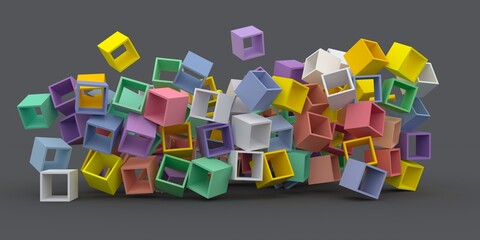 Multicolored bright cubes levitate over each other on a light background