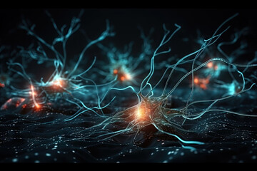 Réseau neuronal, vue microscopique des neurones du cerveau humain avec matérialisation du flux nerveux par coloration