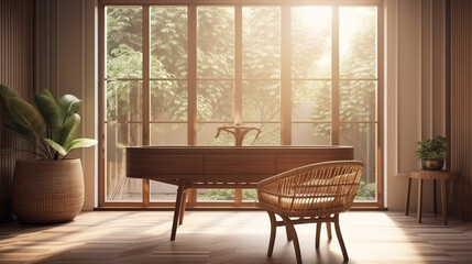 Blank wooden table counter in modern, luxury brown tropical design cafe, coffee table, rattan chair in sunlight from glass window to outdoor garden on beige wall. Interior background 3D