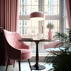 Cozy modern living room interior with pink armchair and decoration room big window in the background, Generative AI
