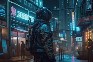 Fototapeta na wymiar Soldiers patrol the shady yet alluring night streets of the cyberpunk world, illuminated by neon lights that glow eerily 48