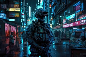 Fototapeta na wymiar Soldiers patrol the shady yet alluring night streets of the cyberpunk world, illuminated by neon lights that glow eerily 43