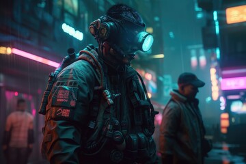 Fototapeta na wymiar Soldiers patrol the shady yet alluring night streets of the cyberpunk world, illuminated by neon lights that glow eerily 44