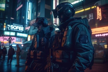 Fototapeta na wymiar Soldiers patrol the shady yet alluring night streets of the cyberpunk world, illuminated by neon lights that glow eerily 39