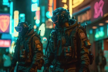 Fototapeta na wymiar Soldiers patrol the shady yet alluring night streets of the cyberpunk world, illuminated by neon lights that glow eerily 42