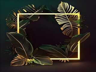 Golden frame with tropical leaves 3d rendering illustration.