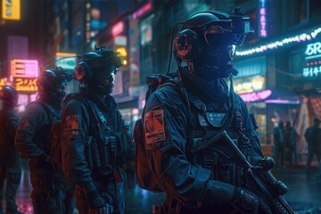 Fototapeta na wymiar Soldiers patrol the shady yet alluring night streets of the cyberpunk world, illuminated by neon lights that glow eerily