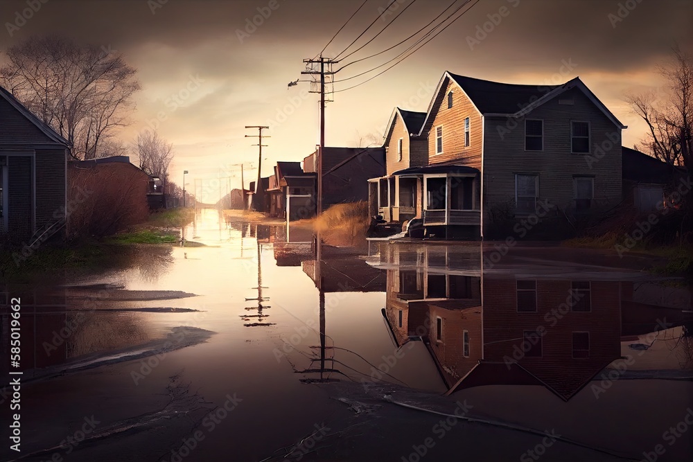 Wall mural flood consequences dangerous socio-economic disaster in suburbs at dawn, created with generative ai