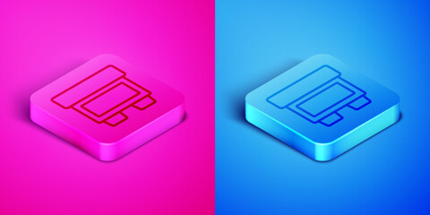 Isometric line Fuse of electrical protection component icon isolated on pink and blue background. Melting breaking protective fuse. Square button. Vector